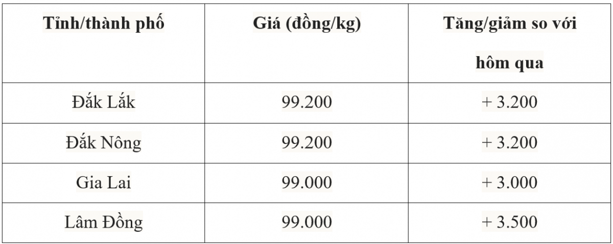 Bảng giá cà phê trong nước hôm nay 25/6/2025