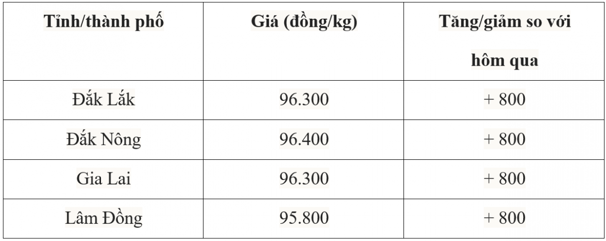 Bảng giá cà phê trong nước hôm nay 6/7/2025