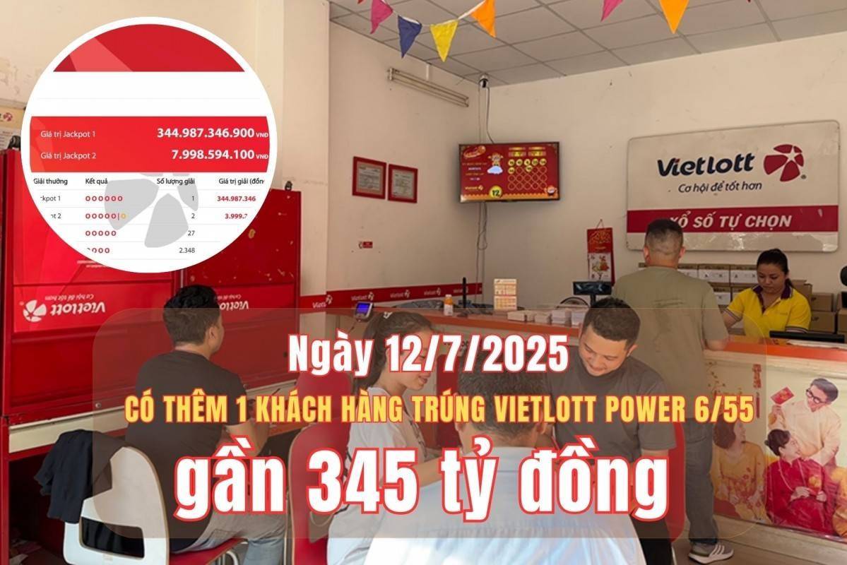 Ngày 12/7, Vietlott xác định có một vé trúng giải Jackpot 1 Power 6/55 trị giá gần 345 tỷ đồng