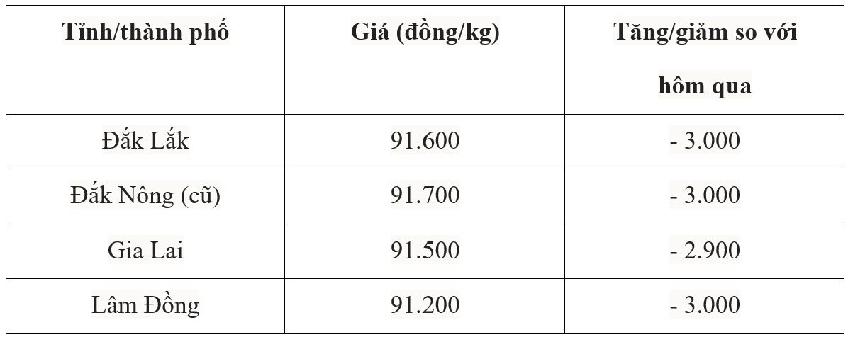 Bảng giá cà phê trong nước hôm nay 17/7/2025