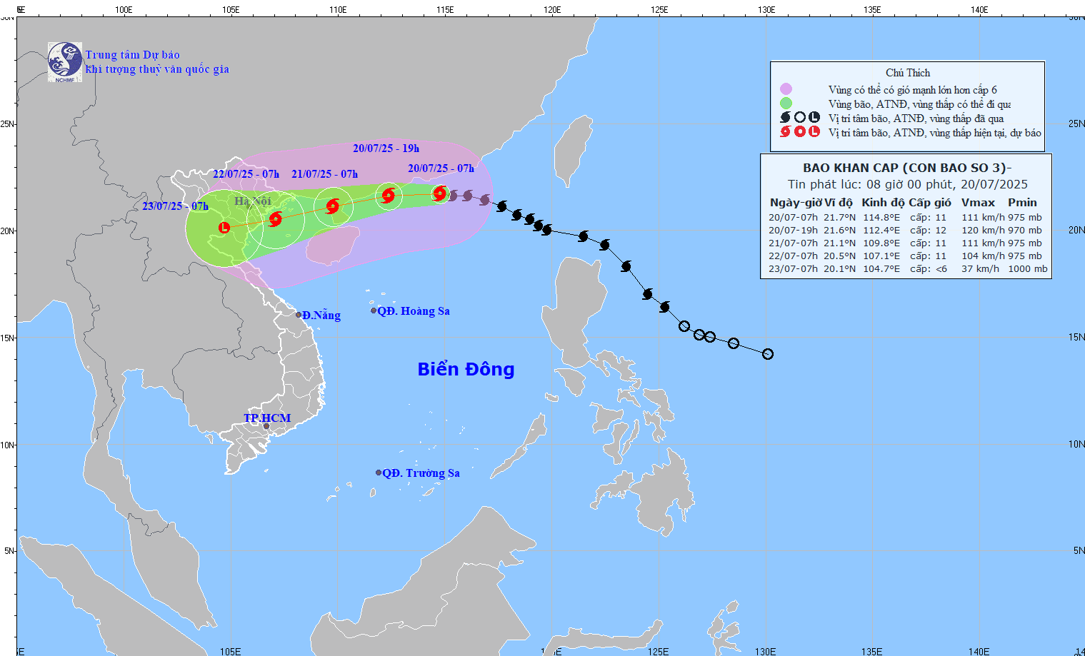 Dự báo đường đi của bão số 3 Wipha khi vào vịnh Bắc Bộ và hướng về khu vực Quảng Ninh - Hải Phòng trong vòng 24 giờ tới. Ảnh: NCHMF
