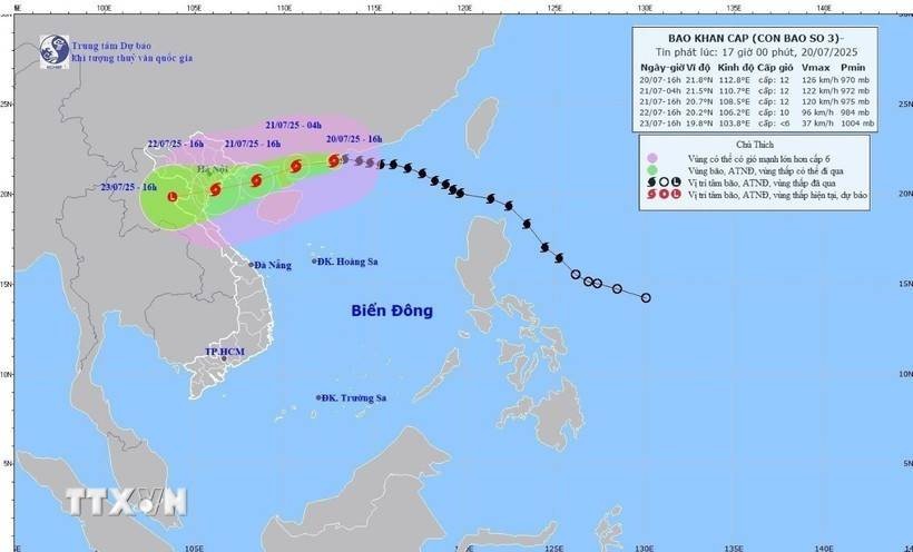 Hướng di chuyển của bão số 3 lúc 16 giờ ngày 20/7. (Ảnh: TTXVN phát)