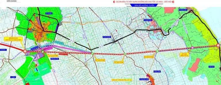 Dự kiến hướng tuyến cao tốc từ TP Cà Mau đến Đất Mũi (đường màu đỏ)