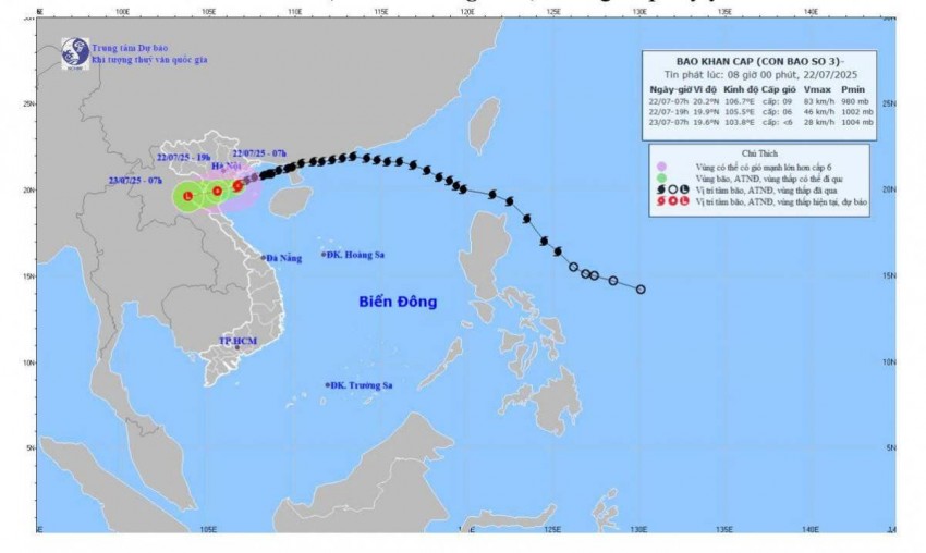 Hình 1. Bản đồ dự báo quỹ đạo và cường độ bão số 3 phát lúc 08h00 ngày 22/7/2025