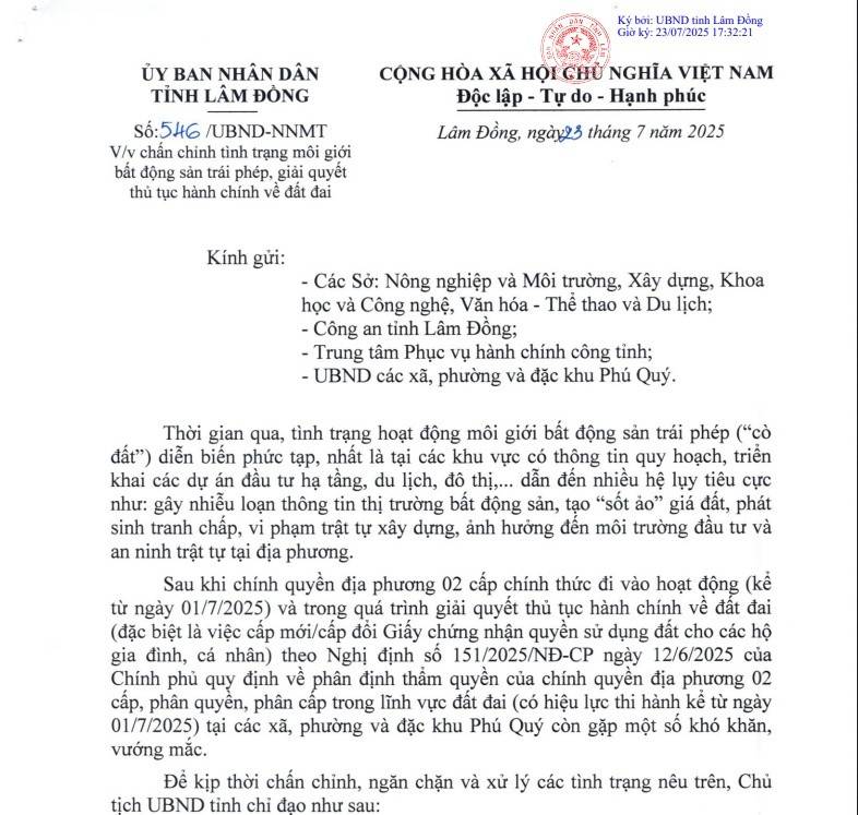 UBND tỉnh Lâm Đồng yêu cầu xử lý nghiêm vi phạm, công khai quy hoạch, siết chặt quản lý đất đai trên toàn địa bàn tỉnh.