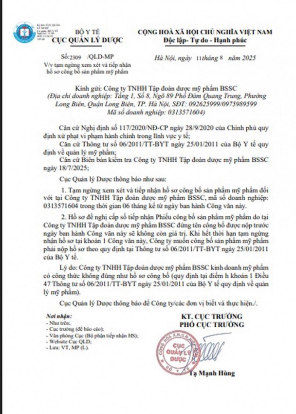 Thu hồi, tiêu hủy 5 sản phẩm mỹ phẩm do Dược mỹ phẩm BSSC nhập khẩu