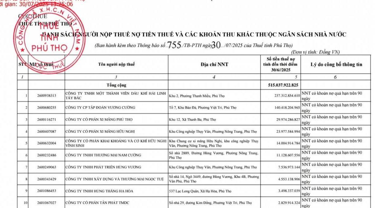 Hải Linh Tây Bắc và Vương Cường liên tiếp dẫn đầu danh sách nợ thuế ở Phú Thọ
