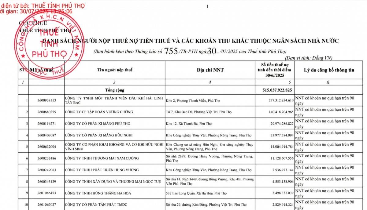 Hải Linh Tây Bắc và Vương Cường liên tiếp dẫn đầu danh sách nợ thuế ở Phú Thọ