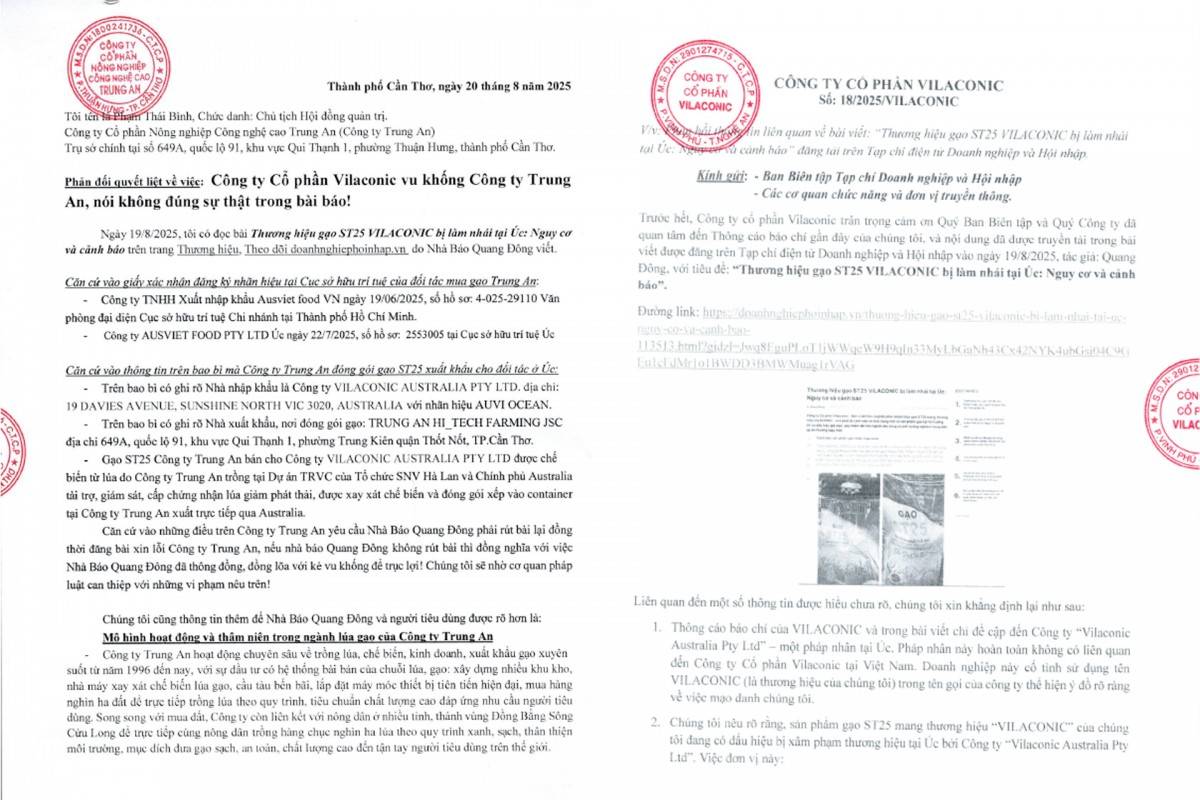 Công ty Trung An phản hồi về thương hiệu gạo ST25 VILACONIC bị làm nhái tại Úc