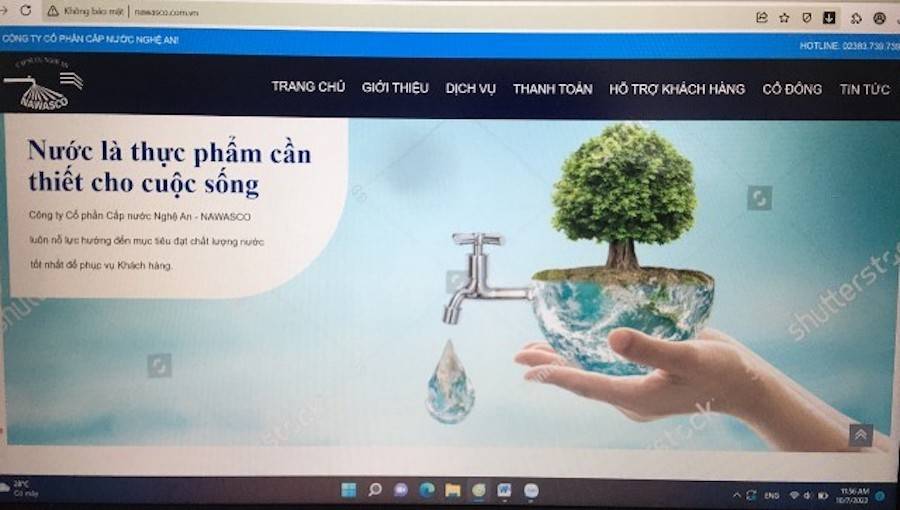 Giao diện Website của Công ty Cổ phần Cấp nước Nghệ An.