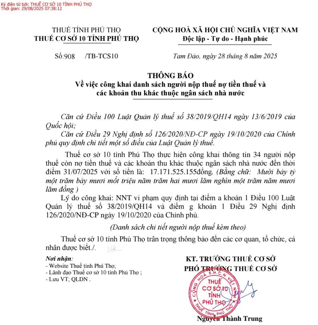 Cưỡng chế ngừng sử dụng hóa đơn với 34 doanh nghiệp nợ thuế ở Phú Thọ