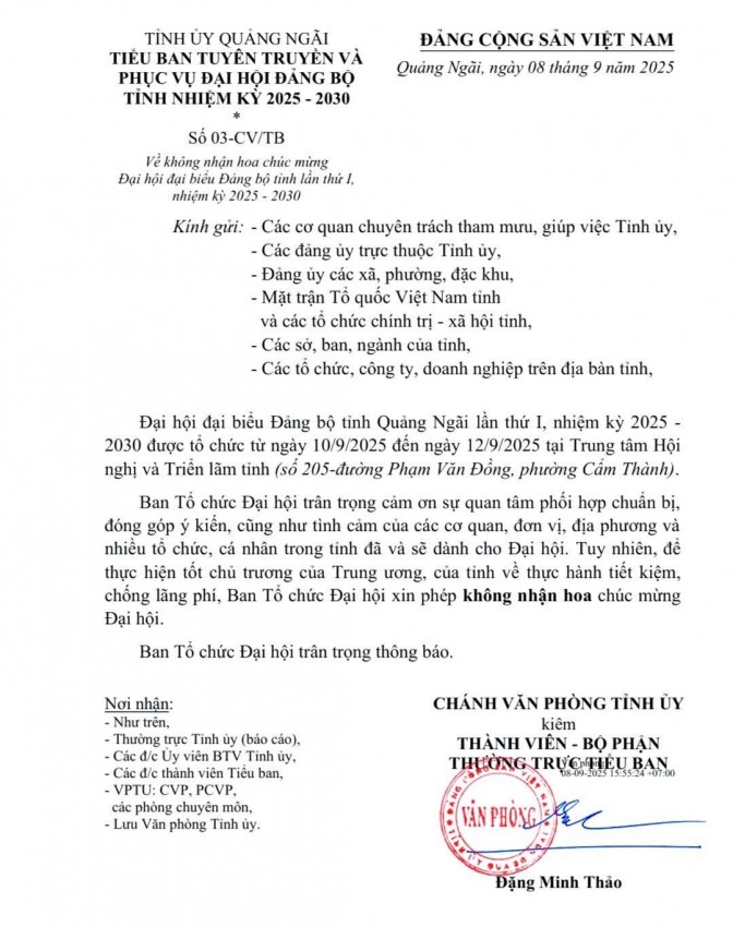 Ngày 8/9, Tiểu ban Tuyên truyền và phục vụ Đại hội Đảng bộ tỉnh, nhiệm kỳ 2025 - 2030 vừa có văn bản số 03 - CV/TB về việc không nhận hoa chúc mừng Đại hội đại biểu Đảng bộ tỉnh lần thứ I, nhiệm kỳ 2025 - 2030. Ngày 8/9, Tiểu ban Tuyên truyền và phục vụ Đại hội Đảng bộ tỉnh, nhiệm kỳ 2025 - 2030 vừa có văn bản số 03 - CV/TB về việc không nhận hoa chúc mừng Đại hội đại biểu Đảng bộ tỉnh lần thứ I, nhiệm kỳ 2025 - 2030.