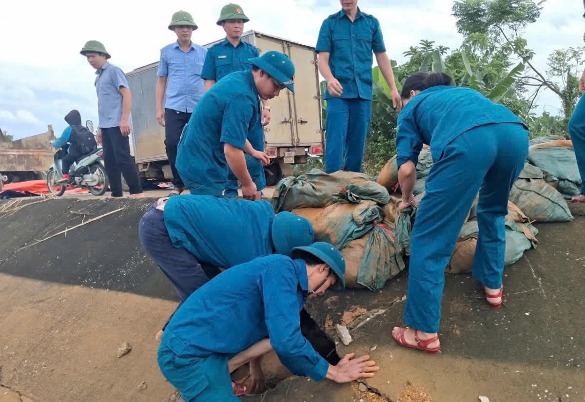 Lực lượng chức năng gia cố mái đê Lực lượng chức năng gia cố mái đê