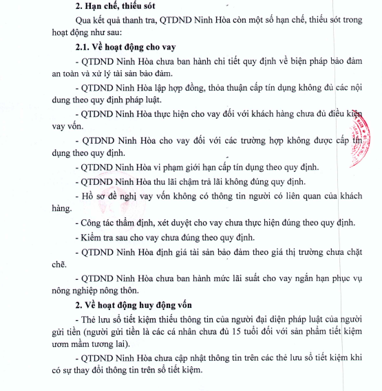Thanh tra phát hiện loạt vi phạm của Quỹ tín dụng nhân dân Ninh Hoà Thanh tra phát hiện loạt vi phạm của Quỹ tín dụng nhân dân Ninh Hoà