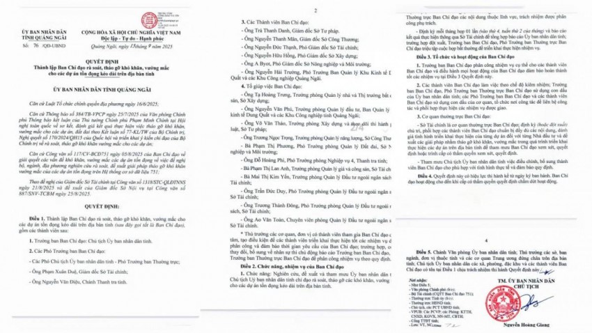 UBND tỉnh Quảng Ngãi vừa ban hành Quyết định số 76/QĐ-UBND, về việc thành lập Ban chỉ đạo rà soát, tháo gỡ khó khăn, vướng mắc các dự án tồn đọng kéo dài.