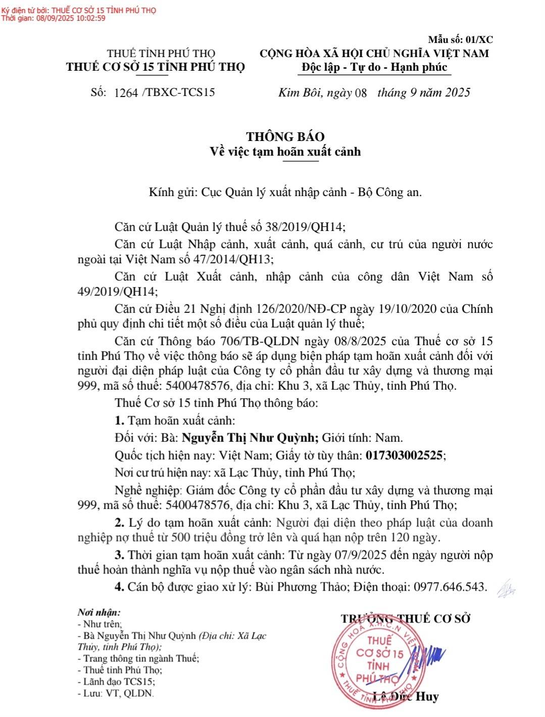 Phú Thọ: Giám đốc doanh nghiệp nợ thuế bị cấm xuất cảnh