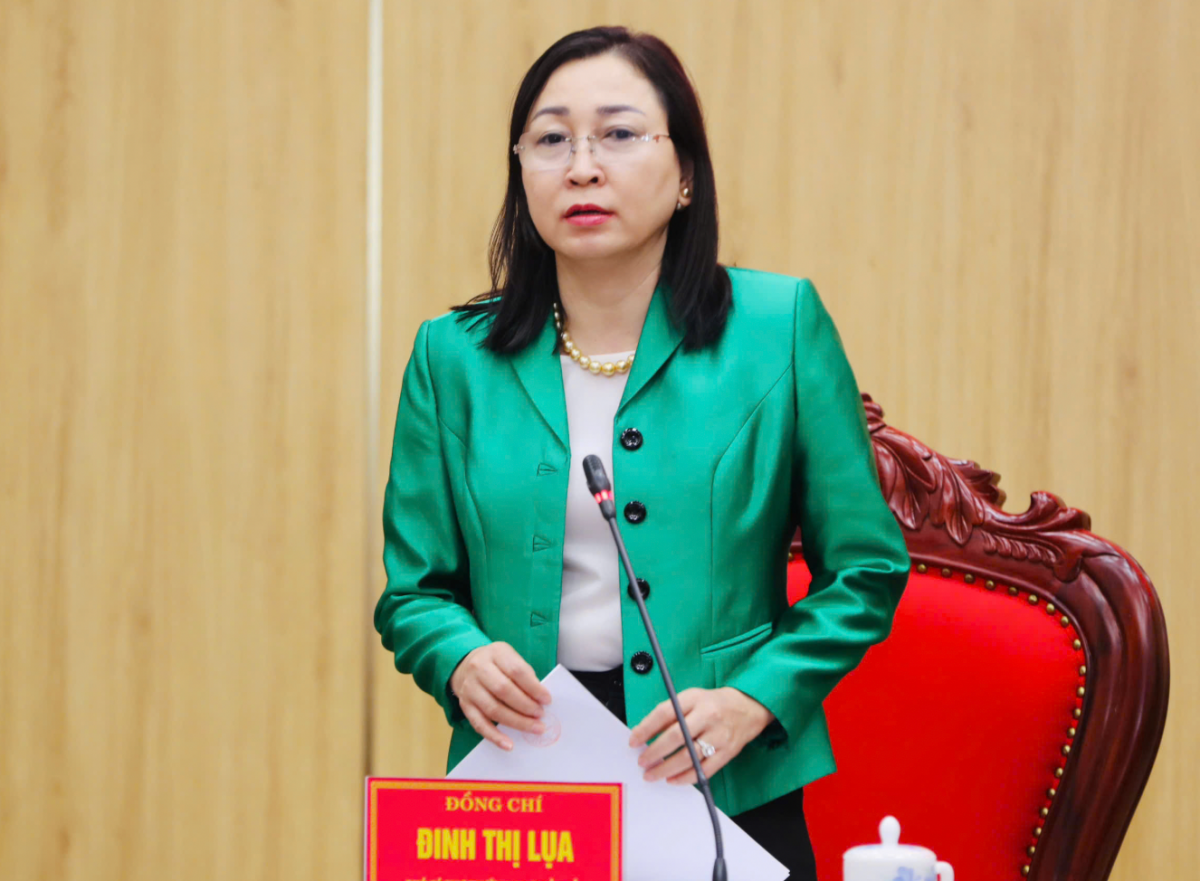 Đồng chí Đinh Thị Lụa, Phó Bí thư Thường trực Tỉnh ủy, Trưởng Tiểu Ban Tuyên truyền Đại hội tỉnh Ninh Bình phát biểu tại buổi họp báo.