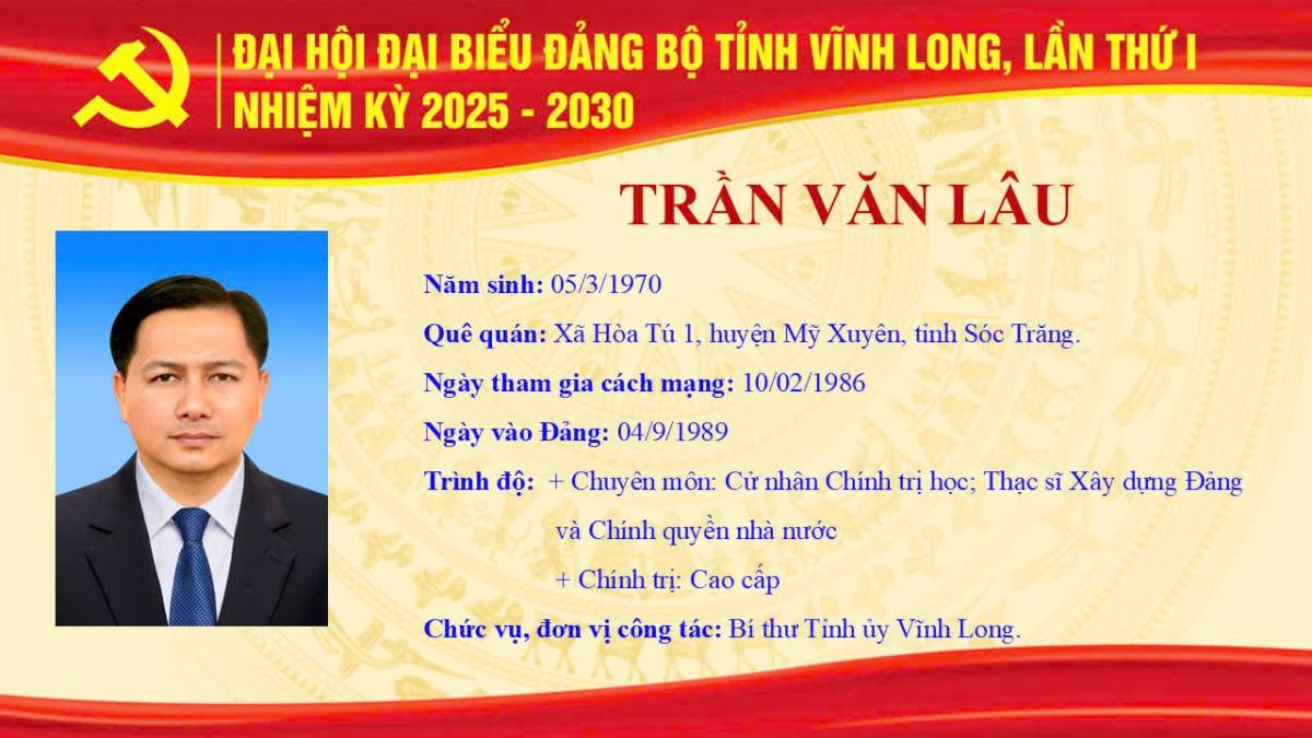 Ông Trần Văn Lâu giữ chức Bí thư Tỉnh uỷ tỉnh Vĩnh Long nhiệm kỳ 2025 - 2030