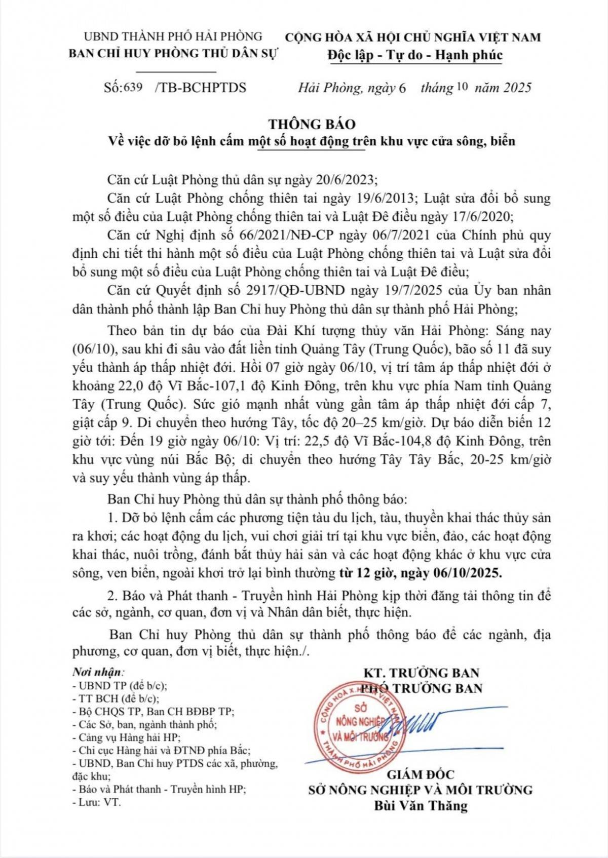 Hải Phòng dỡ bỏ lệnh cấm một số hoạt động trên khu vực cửa sông, biển từ 12h00' ngày 6/10/2025