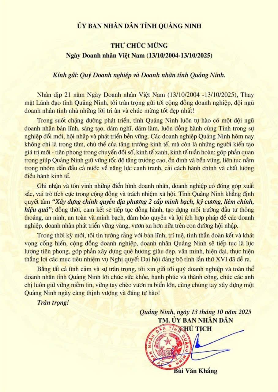 Thư chúc mừng của Chủ tịch UBND tỉnh nhân Ngày Doanh nhân Việt Nam