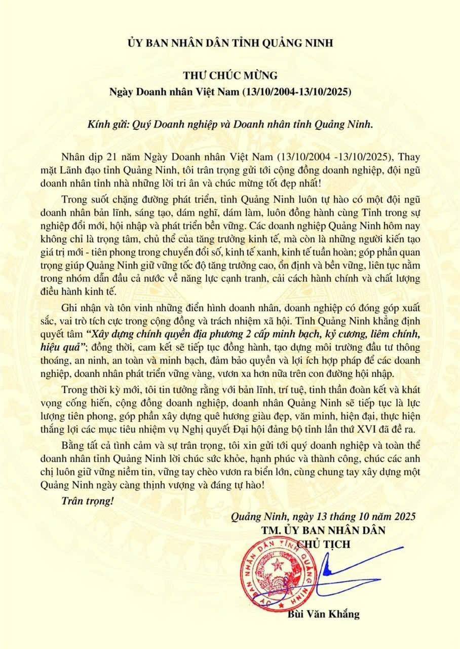 “Giữ vững niềm tin, vươn ra biển lớn” – Thư chúc mừng của Chủ tịch UBND tỉnh Quảng Ninh gửi doanh nhân tỉnh nhà