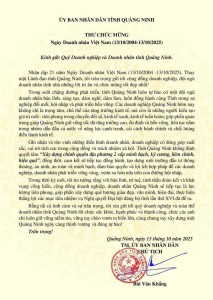 “Giữ vững niềm tin, vươn ra biển lớn” – Thư chúc mừng của Chủ tịch UBND tỉnh Quảng Ninh gửi doanh nhân tỉnh nhà