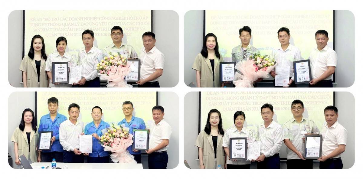 Đại diện Sở Công Thương và Công ty cổ phần Chứng nhận và Giám định quốc tế ISOCERT trao Giấy chứng nhận ISO 14001:2015 cho doanh nghiệp tham gia đề án