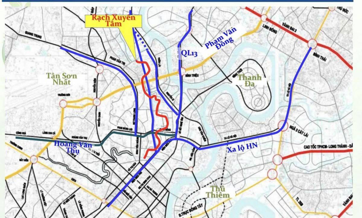 Vị trí dự án cải tạo Rạch Xuyên Tâm (đường màu đỏ)