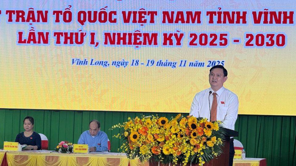 Ông Nguyễn Phúc Linh - Tỉnh ủy viên, Phó Chủ tịch MTTQ tỉnh, Chủ tịch LĐLĐ tỉnh Vĩnh Long - thông tin chương trình Đại hội MTTQ tỉnh lần thứ I, nhiệm kỳ 2025 - 2030 ngày 19.11