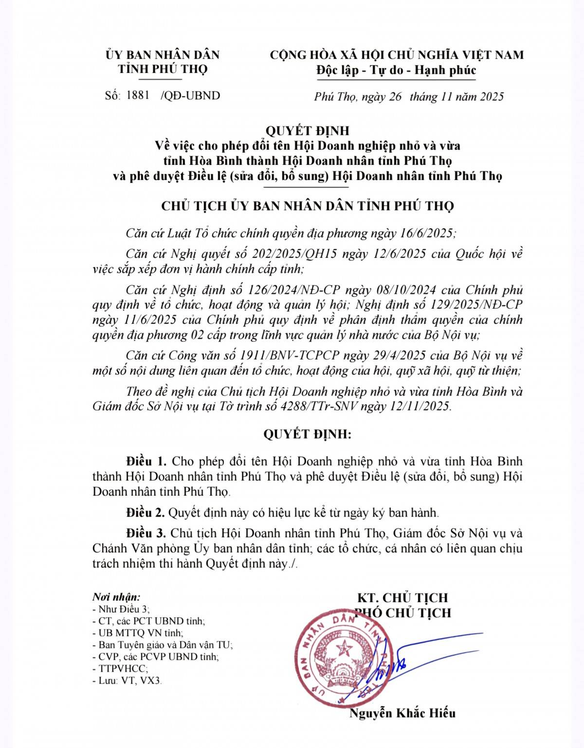 Phú Thọ: Đổi tên Hội Doanh nghiệp nhỏ và vừa tỉnh Hòa Bình thành Hội Doanh nhân tỉnh