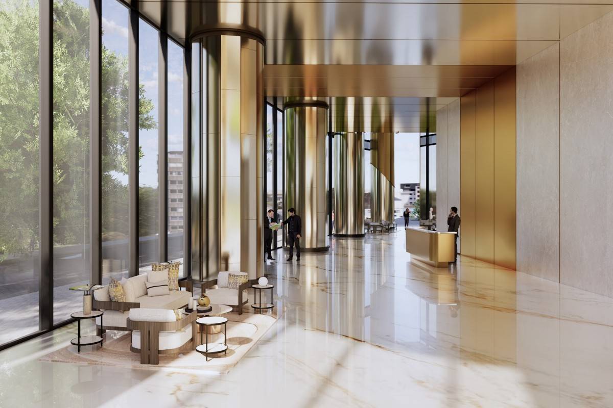 Sảnh đón căn hộ được thiết kế theo phong cách hiện đại hòa quyện cùng các yếu tố văn hóa, truyền thống. Ảnh: Sun Property.