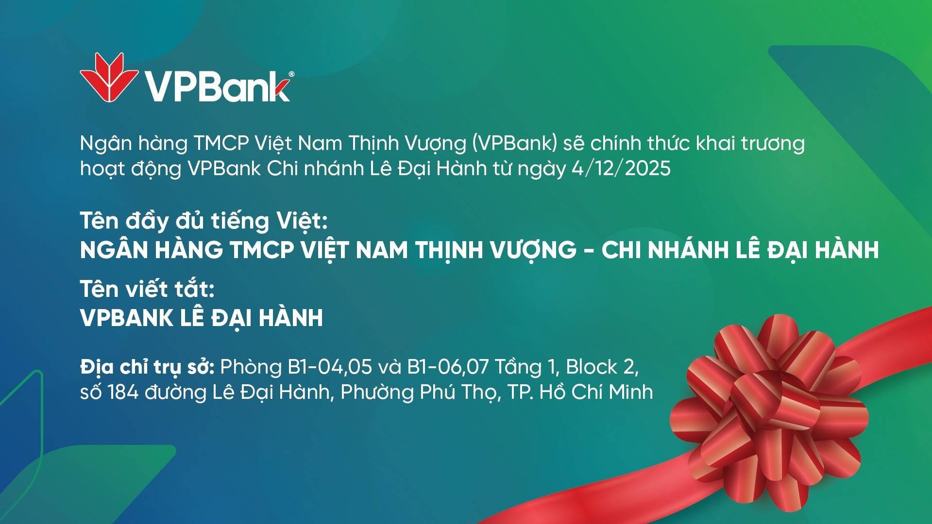 VPBank khai trương Chi nhánh Lê Đại Hành, mở rộng mạng lưới mới tại TP.HCM
