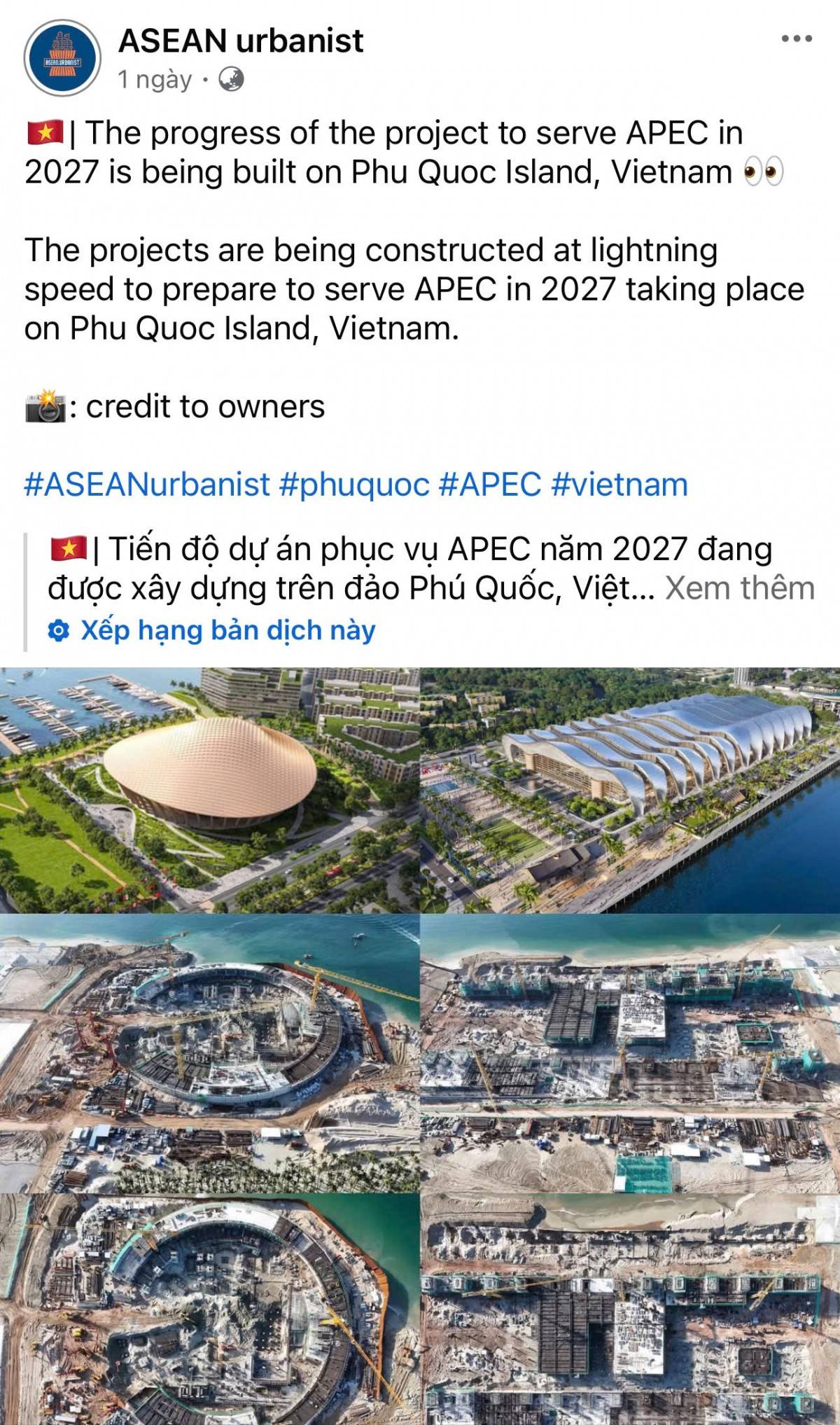Trang ASEAN Urbanist với gần nửa triệu người theo dõi vừa “ngả mũ” thán phục trước “tốc độ thi công ánh sáng” của cụm dự án chào mừng APEC 2027 mà Sun Group đang đầu tư, thi công tại đảo ngọc Phú Quốc.