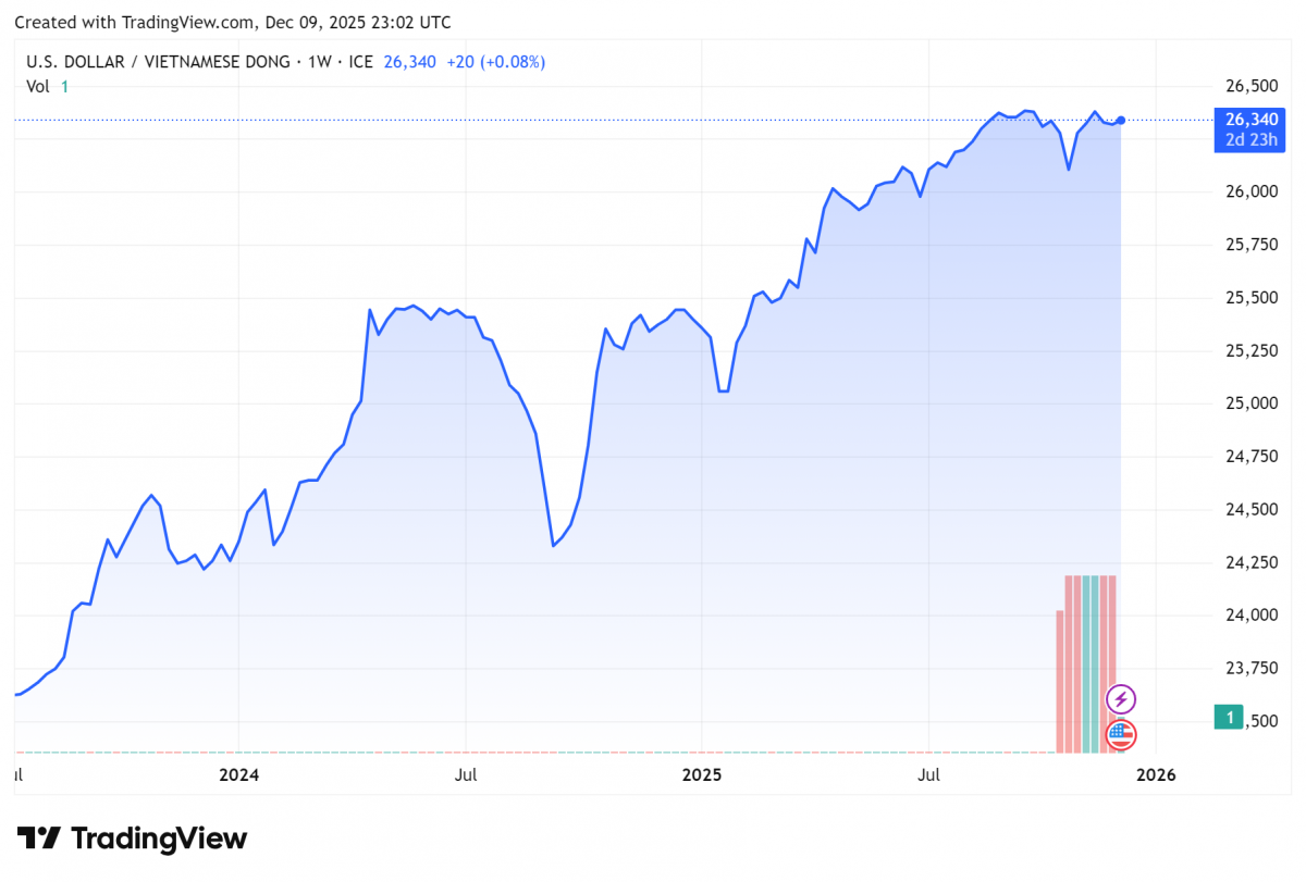 Biểu đồ tỷ giá USDVND 24 giờ qua. Ảnh: TradingView