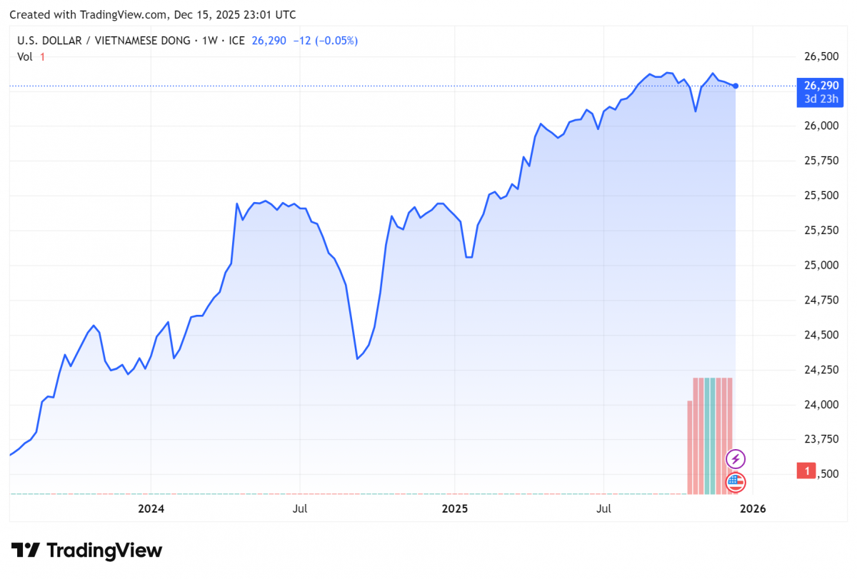 Biểu đồ tỷ giá USDVND 24 giờ qua. Ảnh: TradingView
