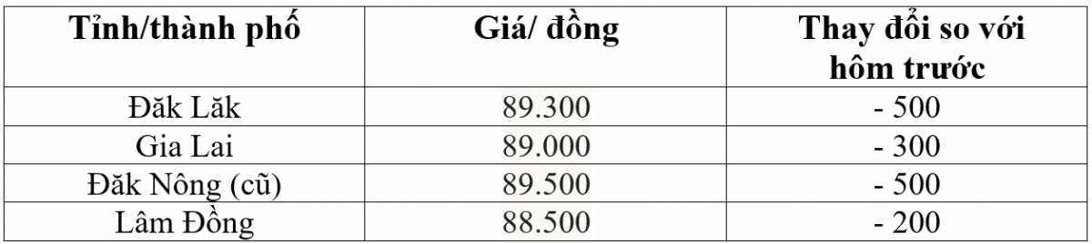 Bảng giá cà phê trong nước hôm nay 20/12/2025