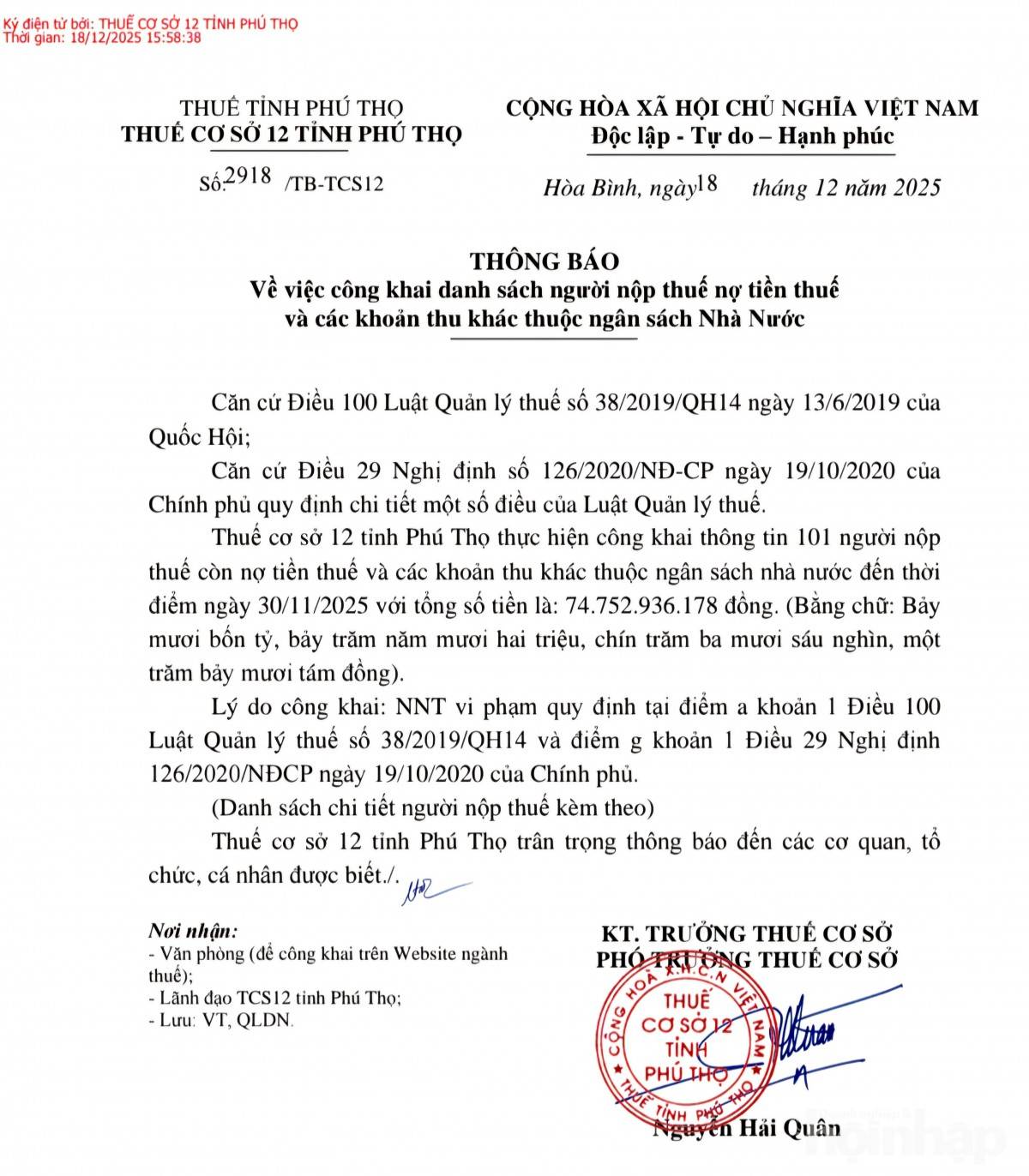 Phú Thọ công khai 101 doanh nghiệp nợ thuế, 5 đơn vị dẫn đầu hơn 54 tỷ đồng