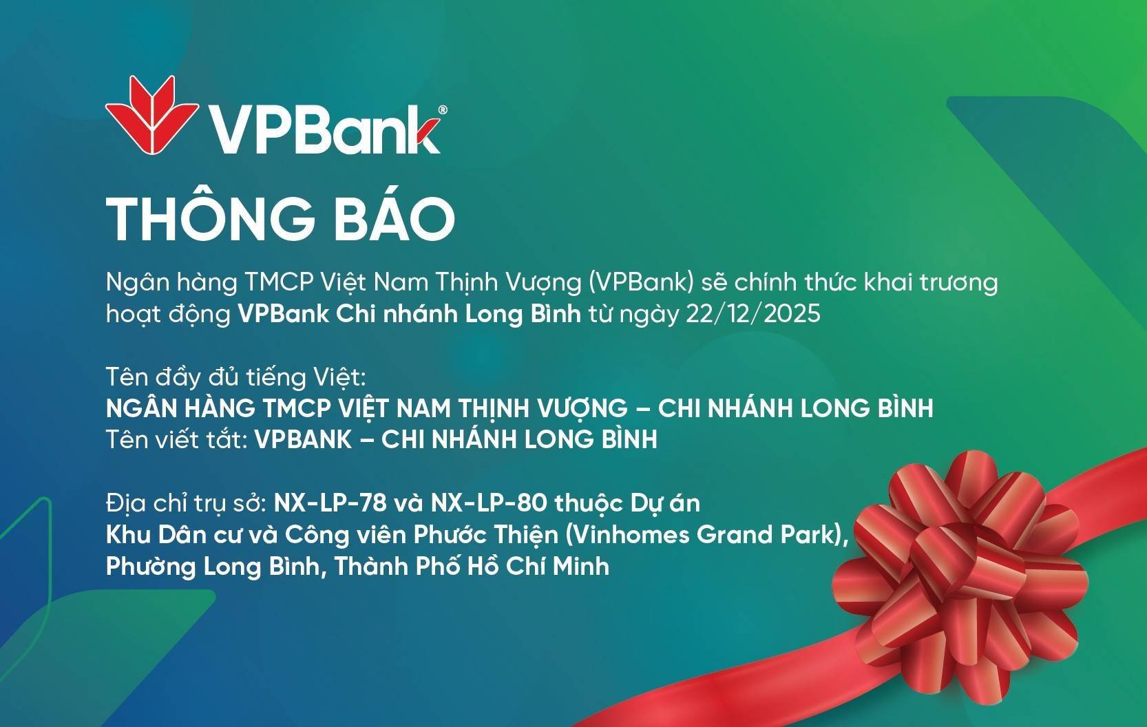 VPBank chính thức đưa Chi nhánh Long Bình vào hoạt động từ ngày 22/12/2025