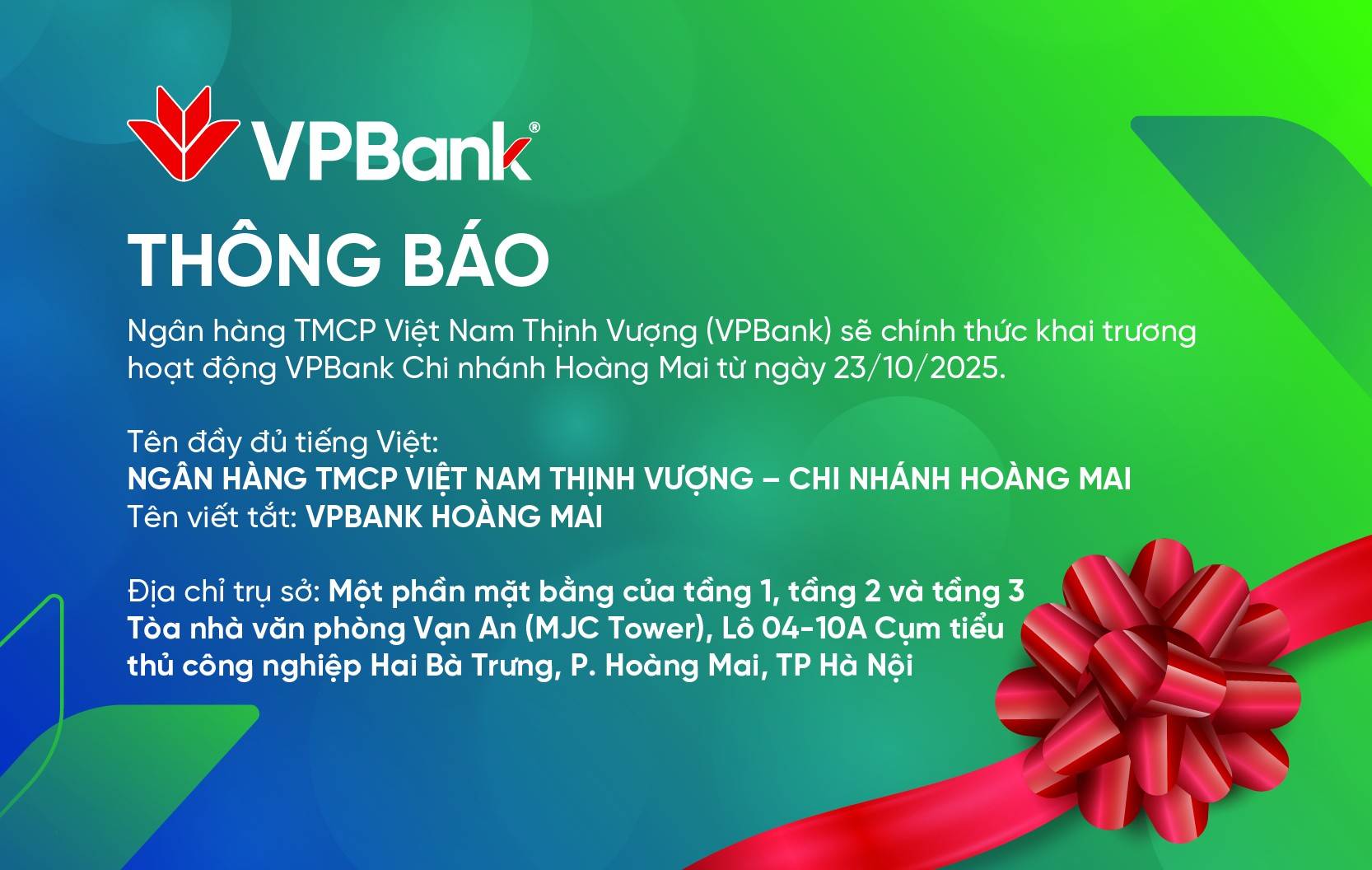 VPBank chính thức đưa Chi nhánh Hoàng Mai vào hoạt động từ ngày 23/10/2025