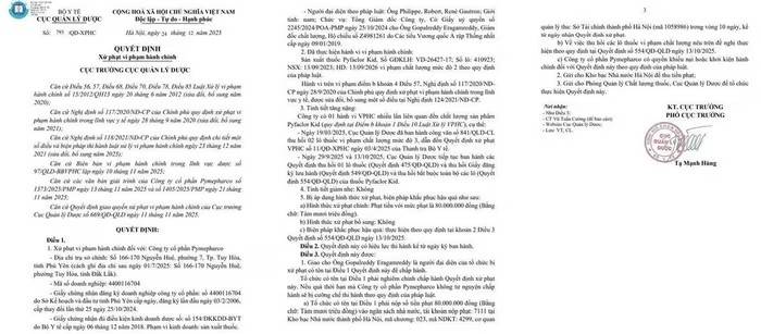 Pymepharco bị phạt 80 triệu đồng do vi phạm chất lượng thuốc Pyfaclor Kid