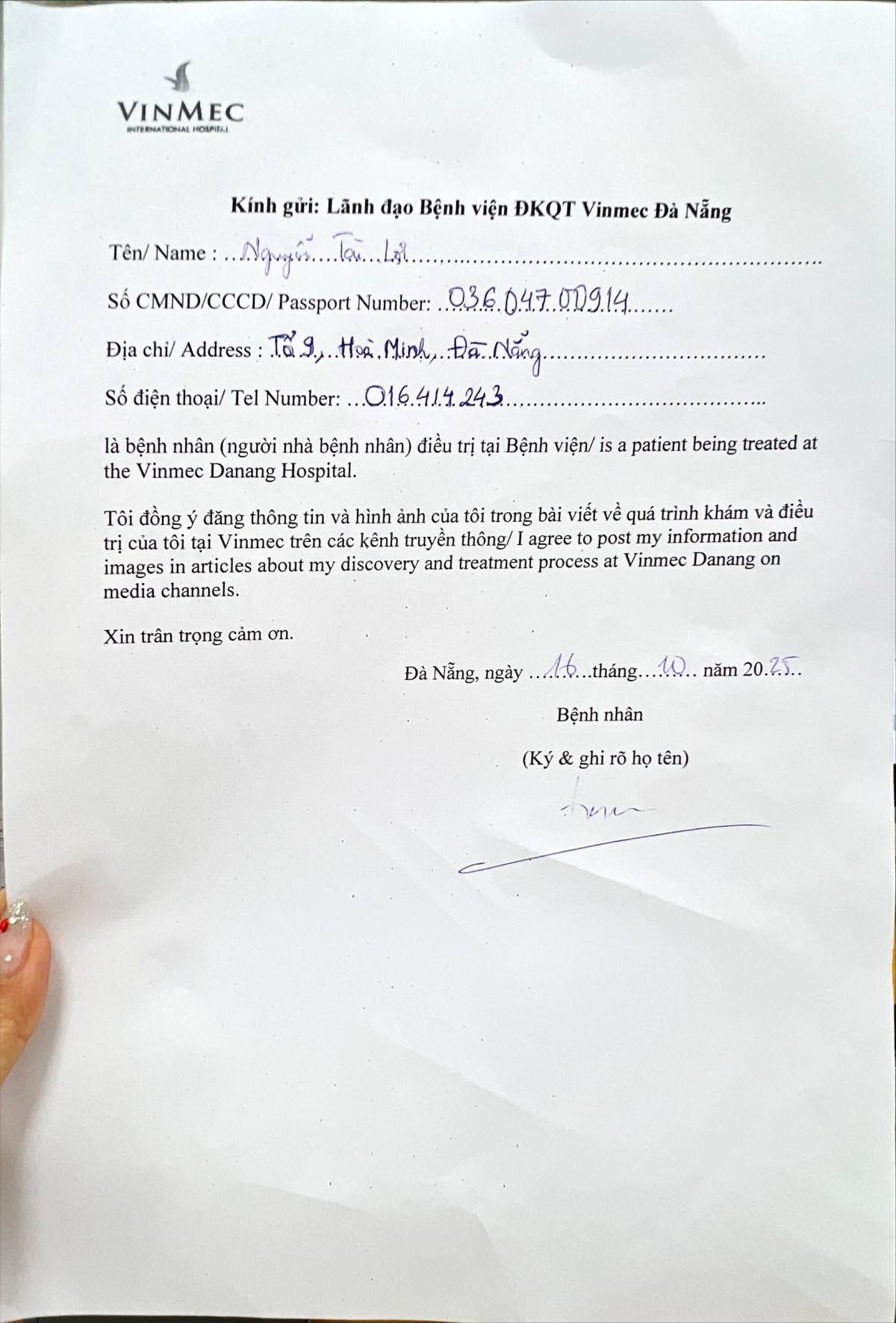 Phiếu đồng ý sử dụng hình ảnh ca ung thư thực quản.