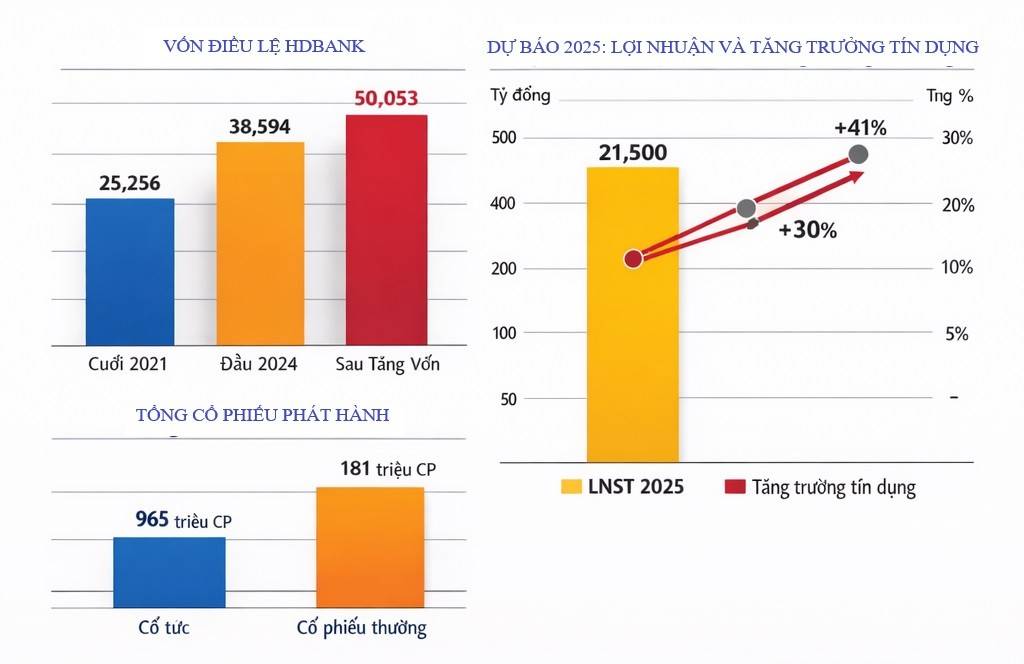 HDBank nâng vốn điều lệ lên hơn 50.000 tỷ đồng, kỳ vọng lợi nhuận vượt kế hoạch năm 2025