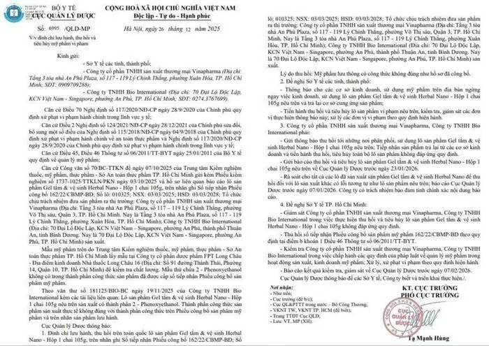 Thu hồi toàn quốc sản phẩm Gel tắm và vệ sinh Herbal Nano do sai lệch công thức