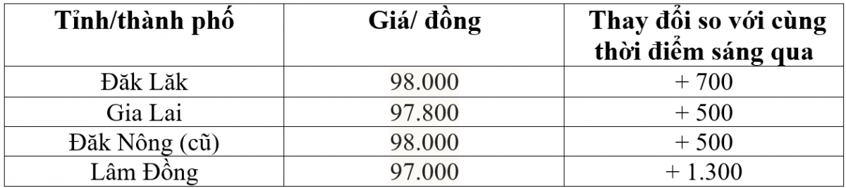 Bảng giá cà phê trong nước hôm nay 31/12/2025