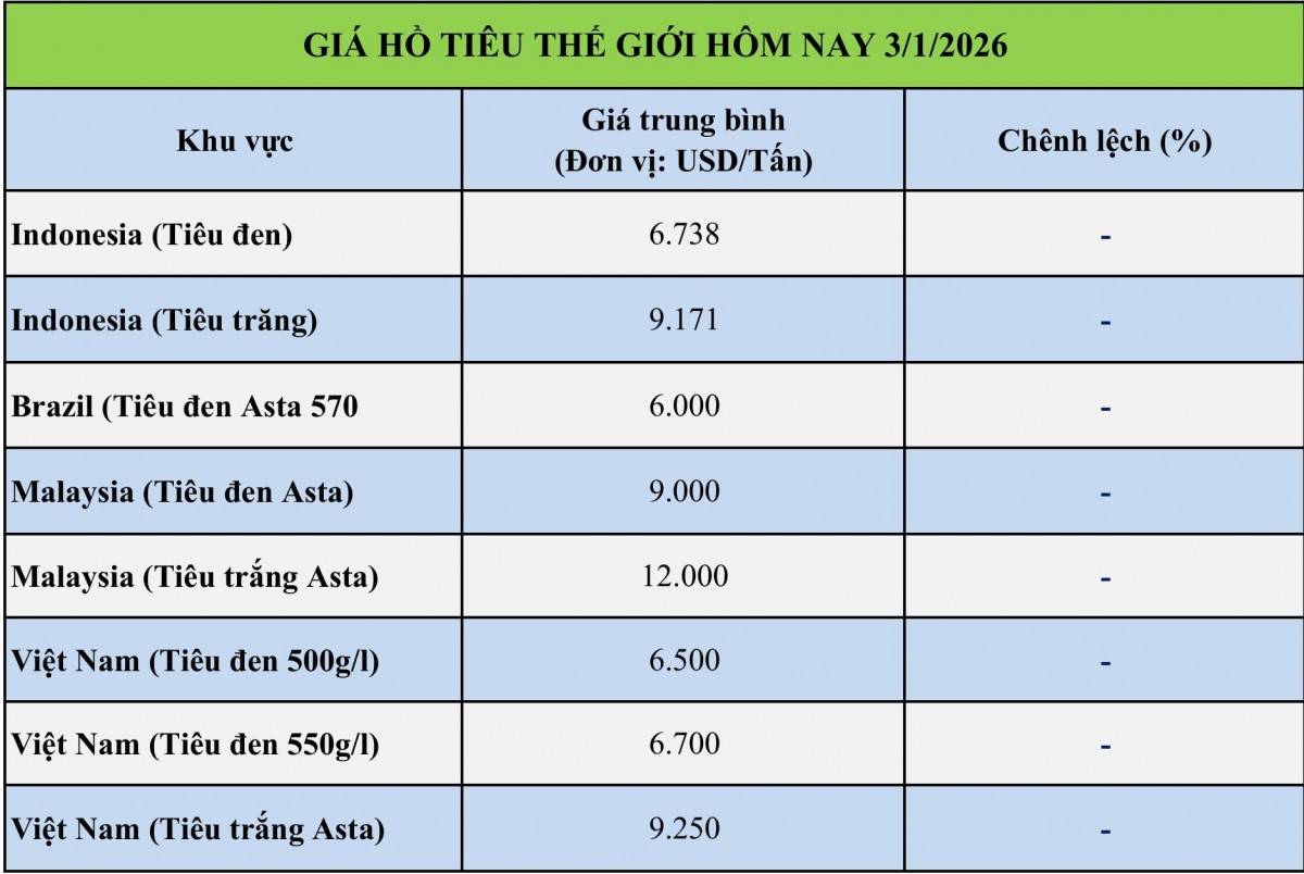 Giá tiêu hôm nay 3/1: