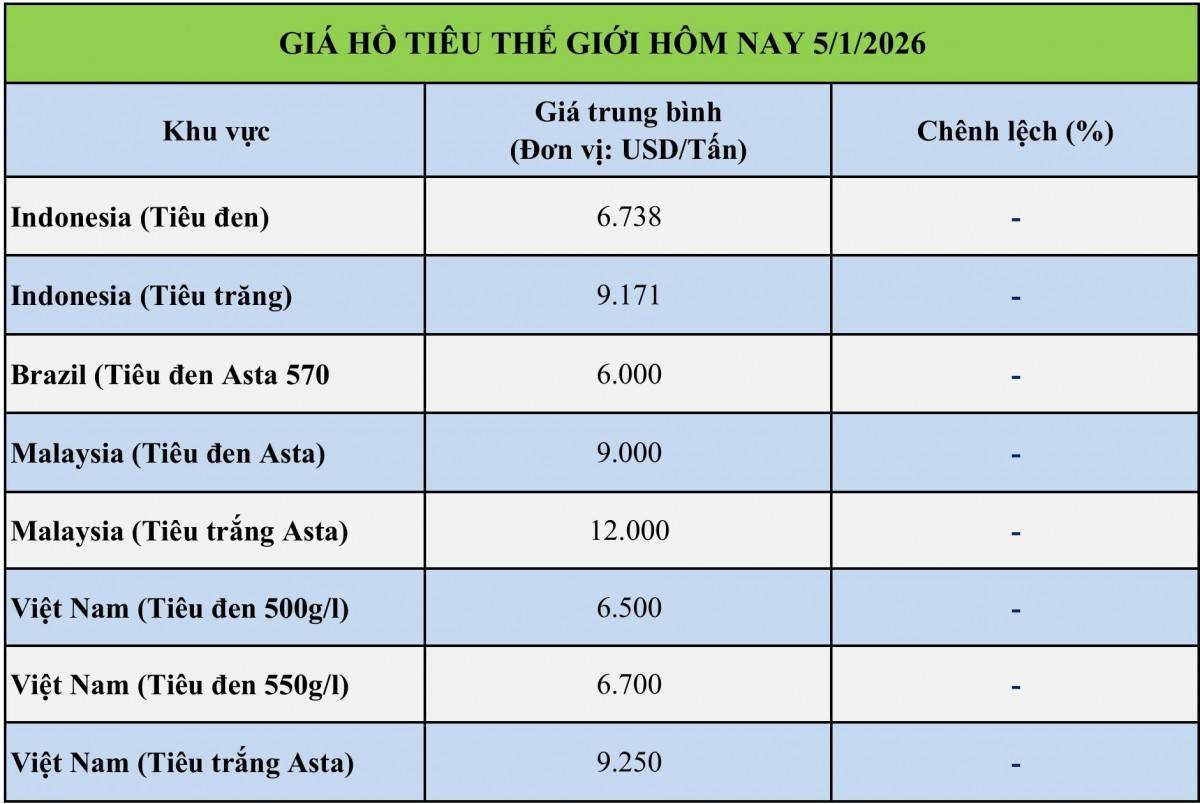 Giá tiêu hôm nay 5/1/2026: