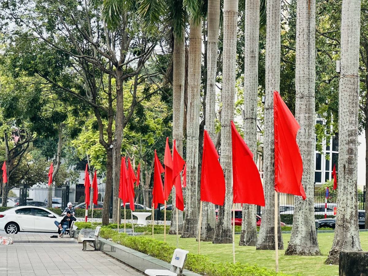 Nhữn hàng cờ thẳng tắp trên các con phố của phường Hạc Thành