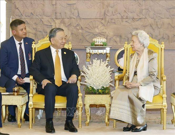 Tổng Bí thư Tô Lâm thăm hỏi, nói chuyện thân mật với Hoàng thái hậu Norodom Monineath Sihanouk - Ảnh: TTXVN