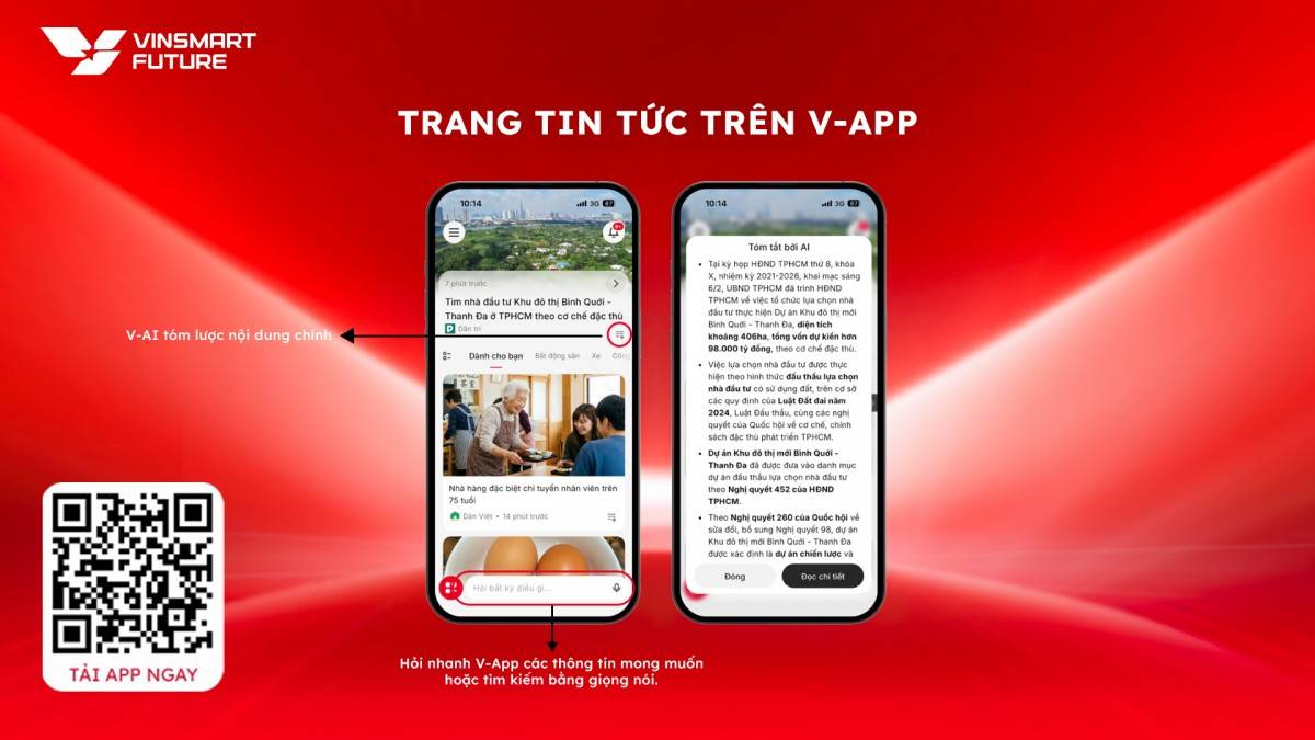 Cập nhật thông tin hàng ngày trên V-App với nguồn tin từ các trang báo uy tín, tích hợp V-AI hỗ trợ tra cứu và gợi ý tức thì.