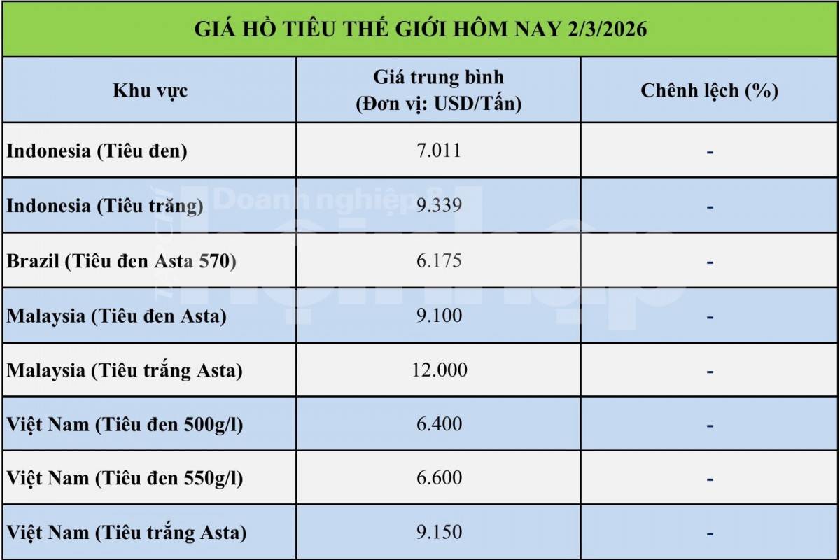 Giá tiêu hôm nay 2/3/2026: